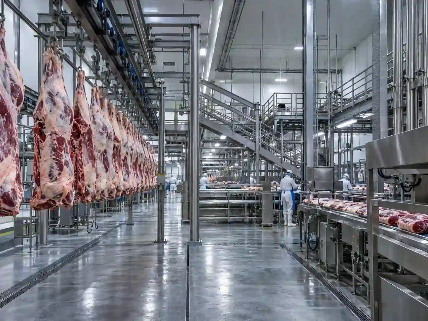Piso de produção de frigorífico moderno com trilhagem de carcaças e linha de embalagem em aço inox